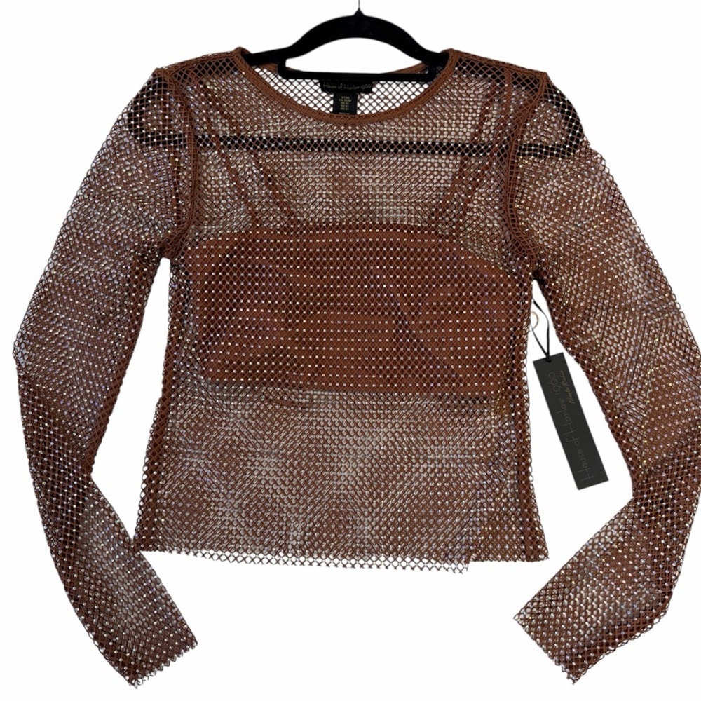 NWT House of Harlow 1960 Brown Open Stitch Top size XS fish net see through top